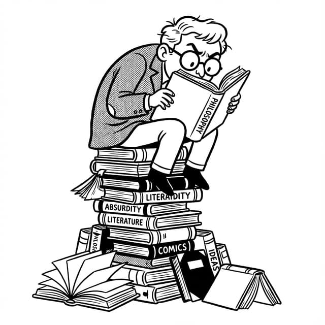 Character reading on a stack of books