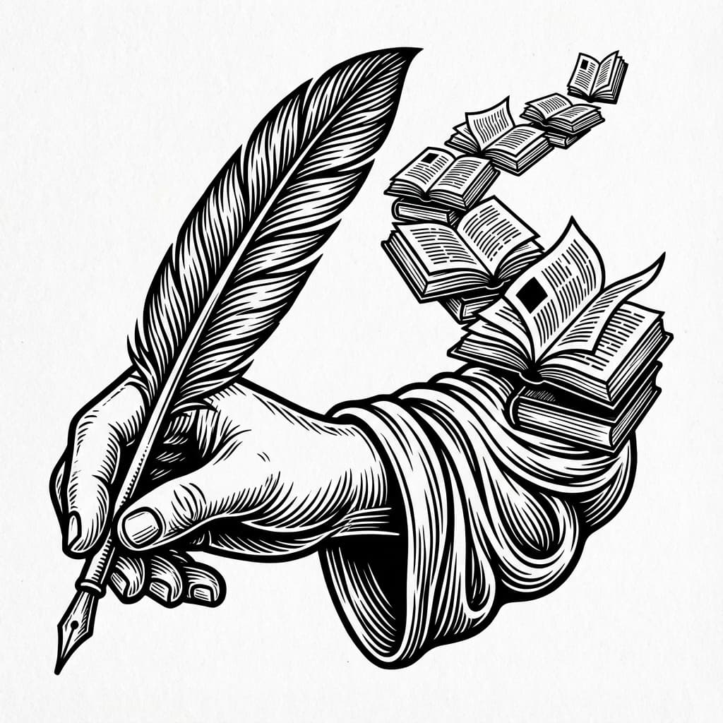 Surreal hand drawing a path of books